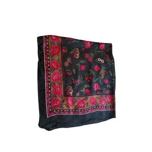 Vintage Floral Scarf Black Red Pink Boho Square Shawl 33x34 Folk‎ Print Wrap